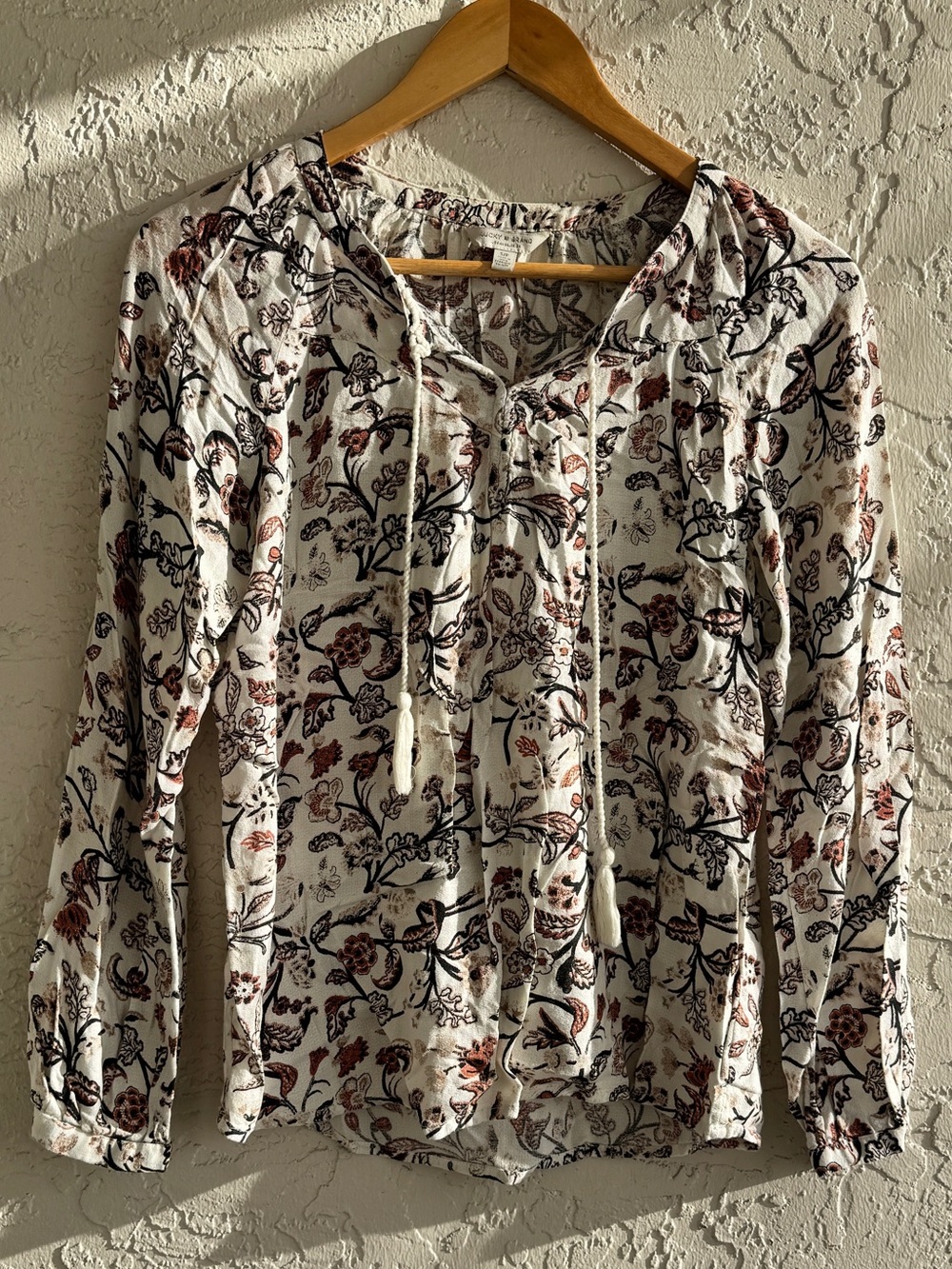 Lucky Brand Cream Floral Tie-Neck Long Sleeve Tunic Size SP